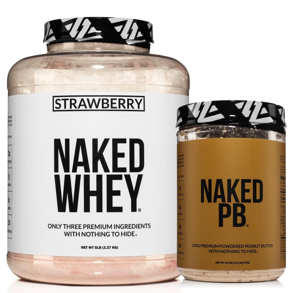 NAKED Strawberry Whey Protein Powder 5LB (61 Servings) + PB Powdered Peanut Butter 1.5LB (45 Servings) – Bulk; Grass-Fed; Non-GMO; Gluten Free; Soy Free; Vegan