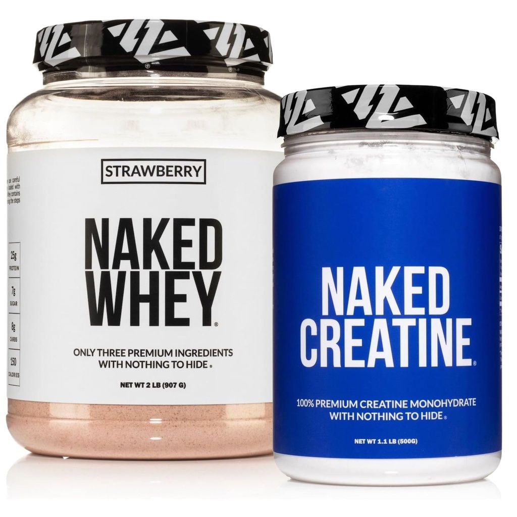 NAKED Strawberry Whey Protein Powder (24 Servings) Pure Micronized Creatine Monohydrate 500g (100 Servings) – Grass-Fed; Bulk; Non-GMO; Gluten Free; Soy Free