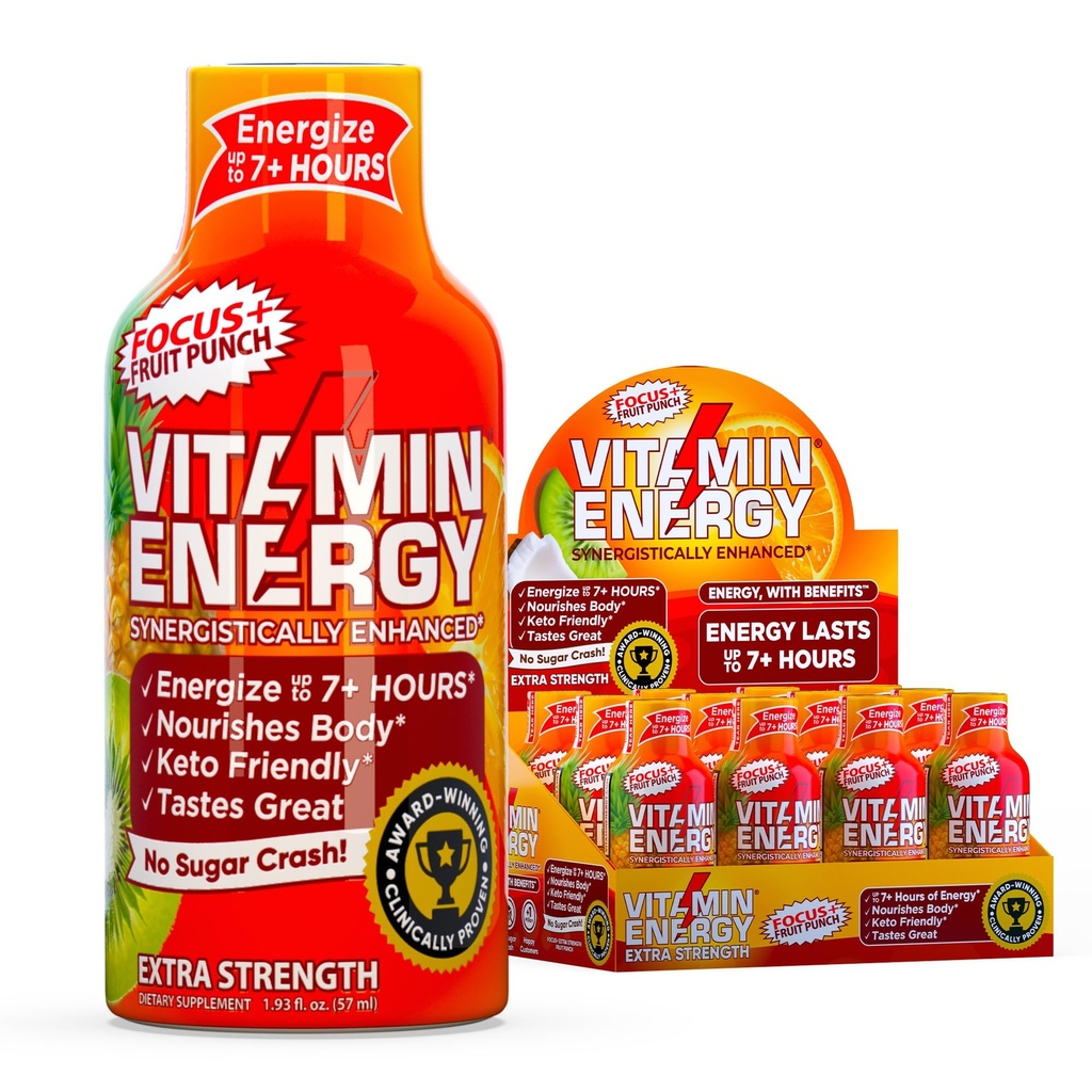 Vitamine Energy Focus+ Extra Strength Energy Shot Fruit Punch 12 Pack, 260mg Caféine naturelle, B-Vitamines, CoQ10, Acides aminés, Focus, Productivité et Clarté, Zéro sucre, Sans gluten, 1,93 fl oz