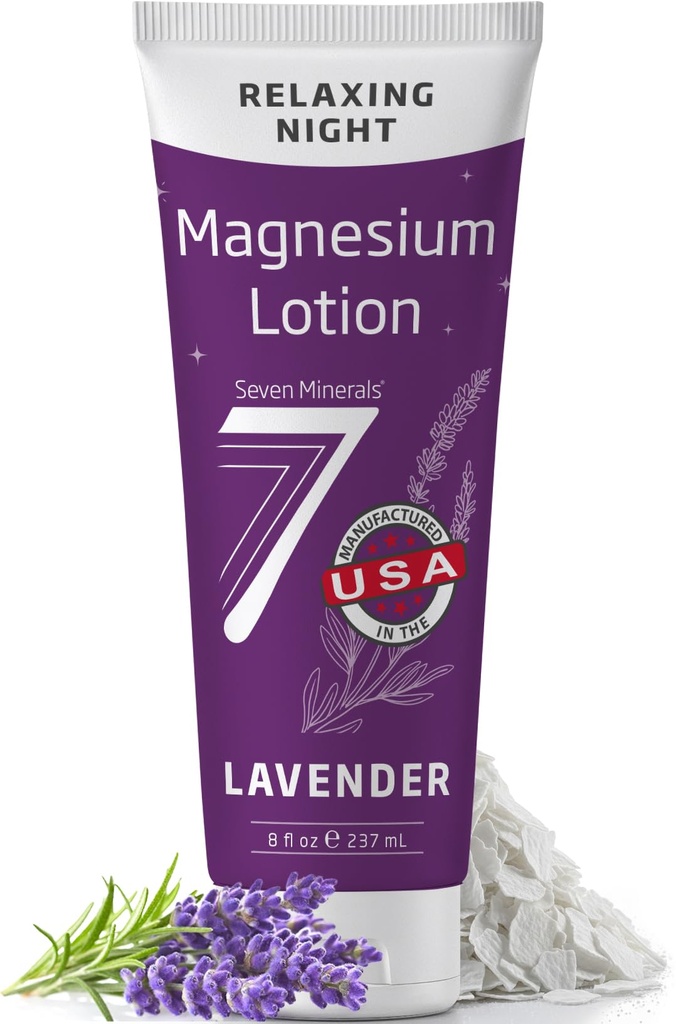 Seven Minerals Magnesium Lotion for Sleep - Lavender Relaxing Night Blend - Highly Concentrated Magnesium for Better Sleep, Body & Mind Relaxation. Non-Greasy Skin Friendly - 8 fl oz tube