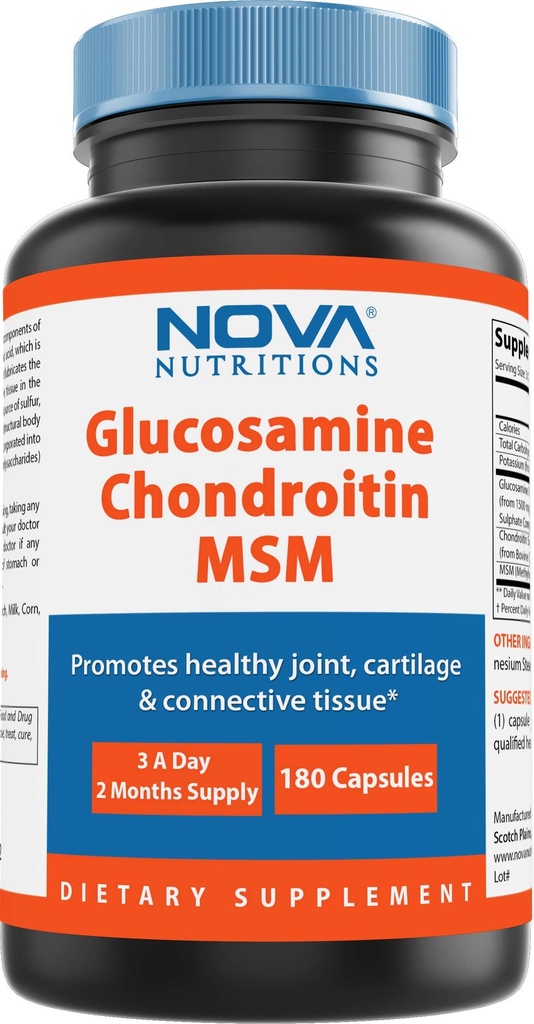 Nova Nutritions Triple Strength Glucosamine Chondroitin MSM 2600mg/Serving Capsules, Ondersteunt Gezond Gewricht, Cartilage en Connective Weefsel - Bevordert Joint Comfort & Flexibiliteit 180 Tel.