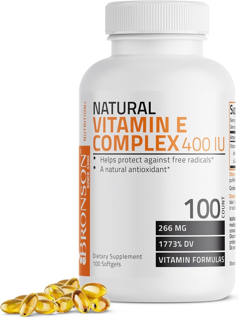Bronson Vitamine naturelle E Complex 400 I.U. Supplément (d-Alpha Tocopherol Plus d-Beta, d-Gamma, & d-Delta Tocopherols), Antioxydant naturel, 100 Softgels