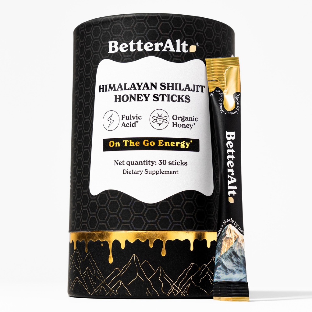 Better Alt Pure Himalayan Shilajit Sticks avec du miel biologique, Safran. Facile à consommer Shilajit. 30 Sticks pour stimuler l'énergie et le soutien immunitaire, 85+ Trace Minerals, 75%+ Acid Fulvic