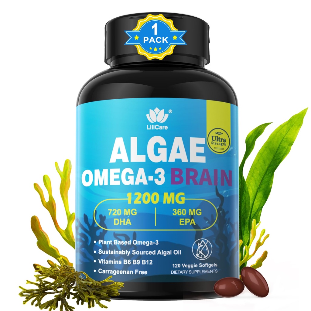 Omega 3 Fish Oil Softgels met DHA 720mg EPA 360mg, Vegan Algen Science 2:1 Ratio voor Brain Eye, Plant Based Sustainablely Sourced Omega 3 Supplement, Visolie Alternatief 1200mg, Geen Vis Smaak, 120Cts