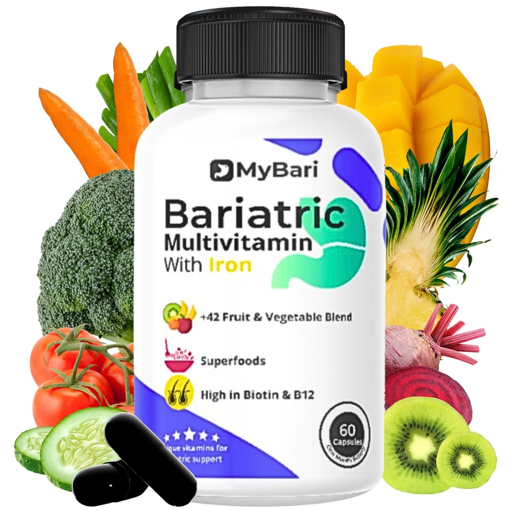 All-in-One Bariatrische Multivitamine met ijzer - Made in USA - voor mannen en vrouwen - Ondersteunt Maatsleeve & Bypass met 42+ Fruit & Veggie Blend - 60 Liquid Capsules
