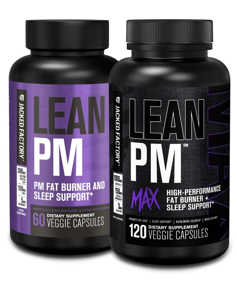 Ge Jacked Factory Lean PM & Lean PM Max Night Time Fat Burner, Slaaphulp Supplement, & Appetite Suppressant for Men and Women (180 Capsules)