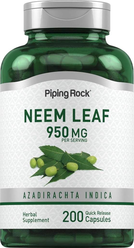 Piping Rock Neem Leaf Capsules | 950mg | 200 Powder Pills | Herb Extract Supplement | Azadirachta Indica | Non-GMO, Gluten Free