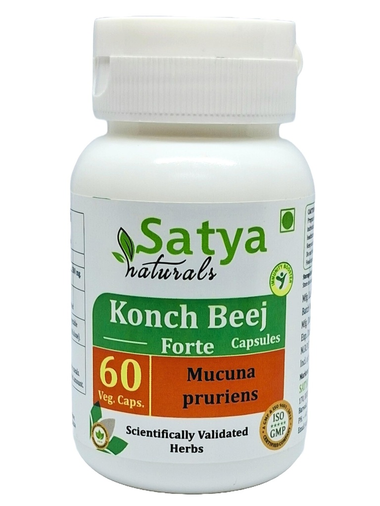 Konch Beej Forte Capsules 500 mg. 60 Veg. Capsule | Konch Beej (Mucuna Pruriens) Extract Capsules for Men and women | Ayurvedic Herbal Supplement/Remedies | 10:1 Forte (1 Bottle of 60 Capsules)