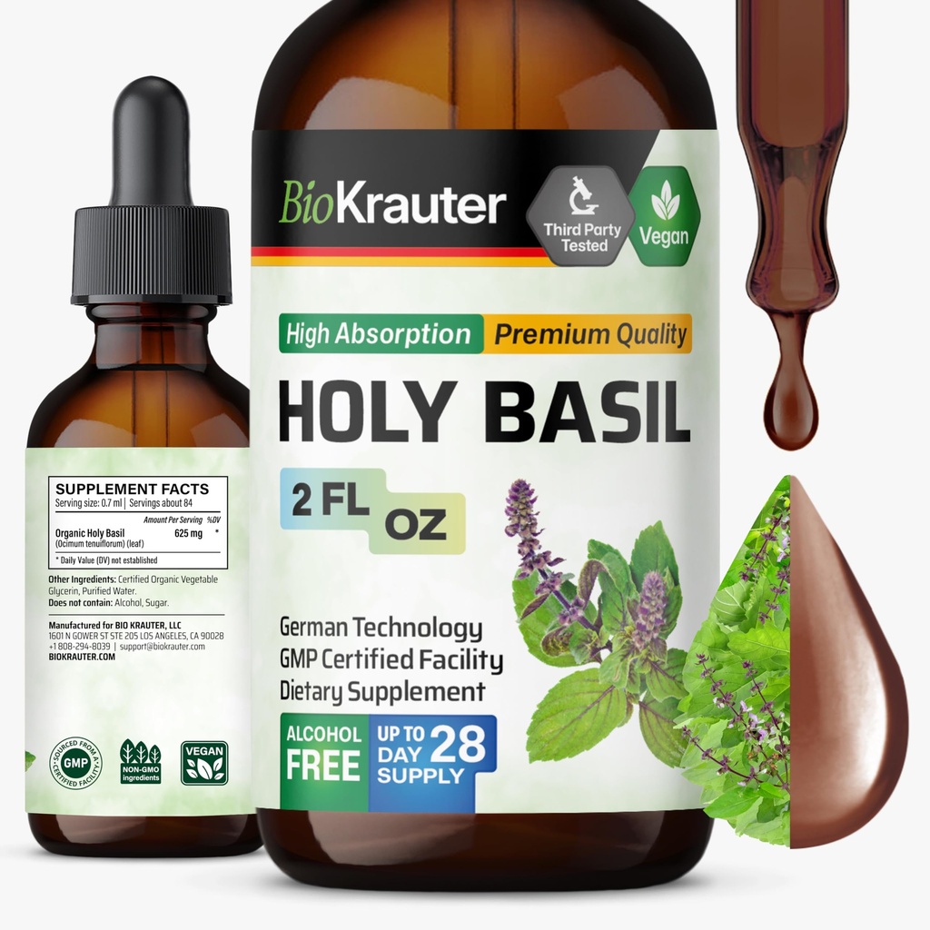 BIO KRAUTER Holy Basil Tinctuur - Tulsi Poeder Liquid Extract - Ondersteunt kalmte en ontspanning - Ursolic Acid Supplement - Alcohol en Suikervrij - Vegan Drops 2 Fl.Oz.