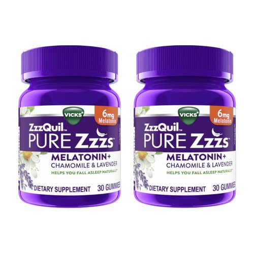 ZzzQuil Pure Zzzs Melatonin Natural Flavor Sleep Supplement Gummies with Chamomile, Lavender, & Valerian Root, 6mg per Serving, 30 Gummies (Pack of 2)