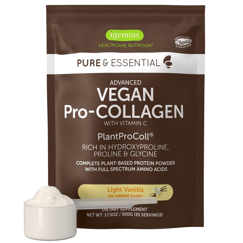 Igennus Advanced Vegan Vanilla Collageen Peptide Powder, Enhanced with Glycine, Proline & Hydroxyproline & Cofactor Vitamin C, Non GMO, Vegetarian Plant Based Collageen Powder Booster, 35 Servings