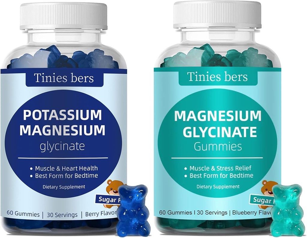 Kalium Gummies en Magnesium Glycinate Gummies 500mg Suikervrij voor volwassenen en kinderen, Vegan, pectine, non-GMO, glutenvrij