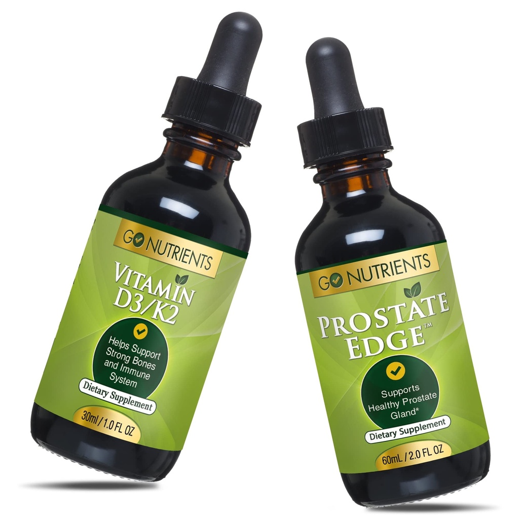 Go Nutriënten Liquid Vitamin D3 met K2 (MK-7) Drops & Prostate Edge Prostate Supplement voor mannen met Pygeum en Saw Palmetto Extract Vitamine D3 en K2 Liquid Vitamin Drops Die helpen Emotionele Staat