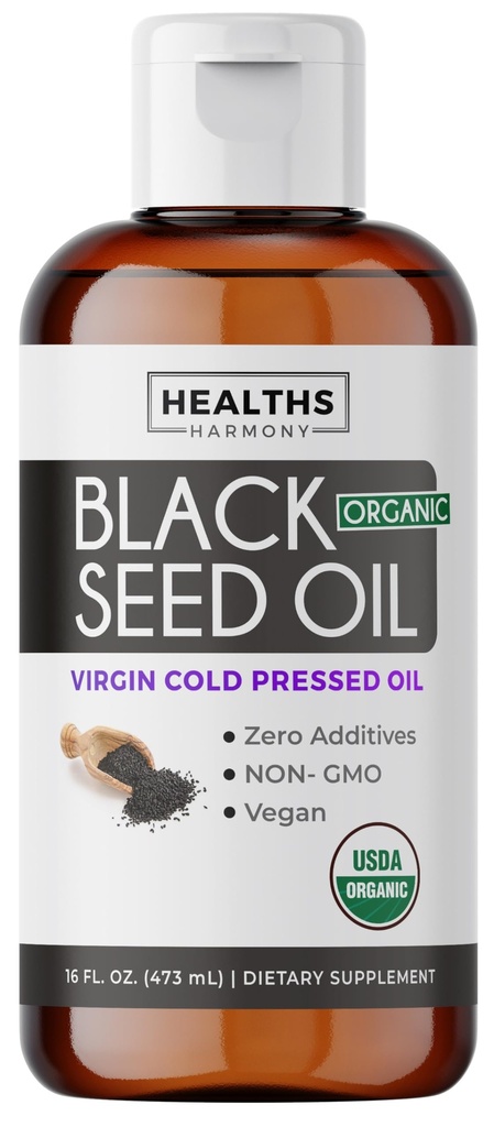 USDA Huile de Graine Noire Biologique Liquide (16 fl oz) Premium Nigella Sativa à pression froide produisant de l'huile de Graine de Cumin Noire pure - Supplément antioxydant - Vegan, sans gluten et non-OGM (pas de pilules ou capsules)