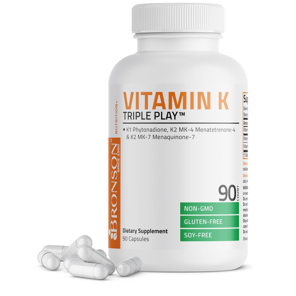 Bronson Vitamine K Triple Play (Vitamine K2 MK7 / Vitamine K2 MK4 / Vitamine K1) Volledig Spectrum Complex Vitamine K Supplement, 90 Capsules