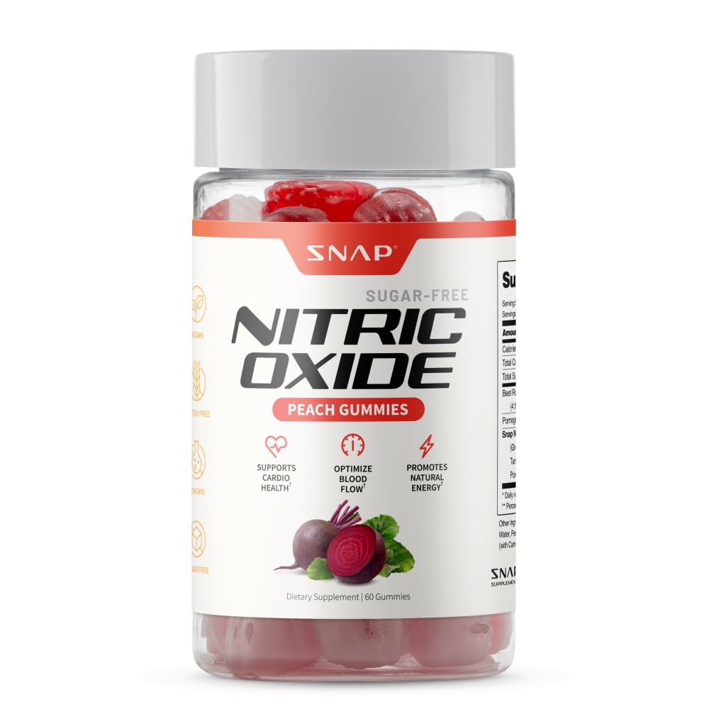 Snap Supplementen Beetwortel Gummies, Nitric Oxide Supplement met biologische bieten, vitamines, Granaatappel en antioxidanten voor energie, Circulatie Ondersteuning, 60 Suikervrije Gummies, Perzik