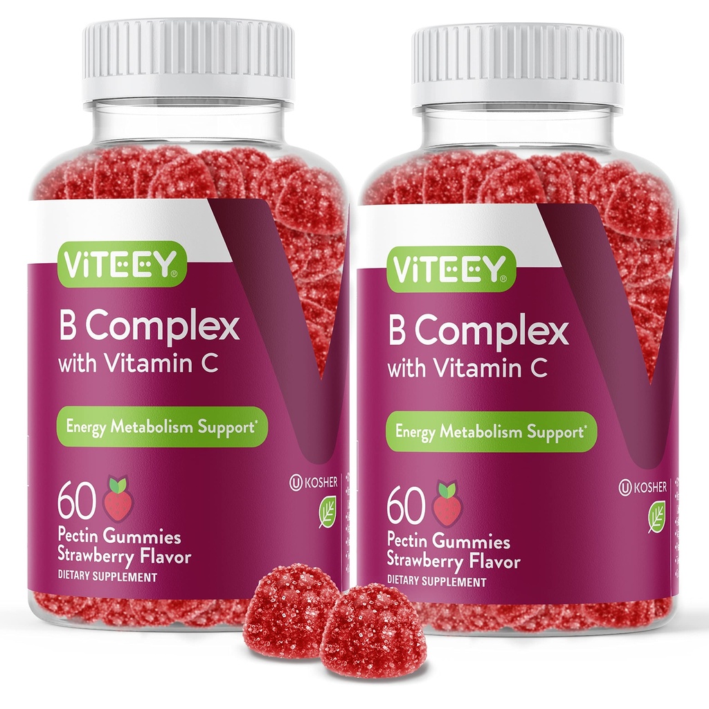 Vitamin B Complex Gummies with Vitamin C - Energy, Metabolisme & Immune Support - B6, B12, Niacin, Folic Acid, Biotin, Calcium - Veganistisch, Glutenvrij - 120 Tel.