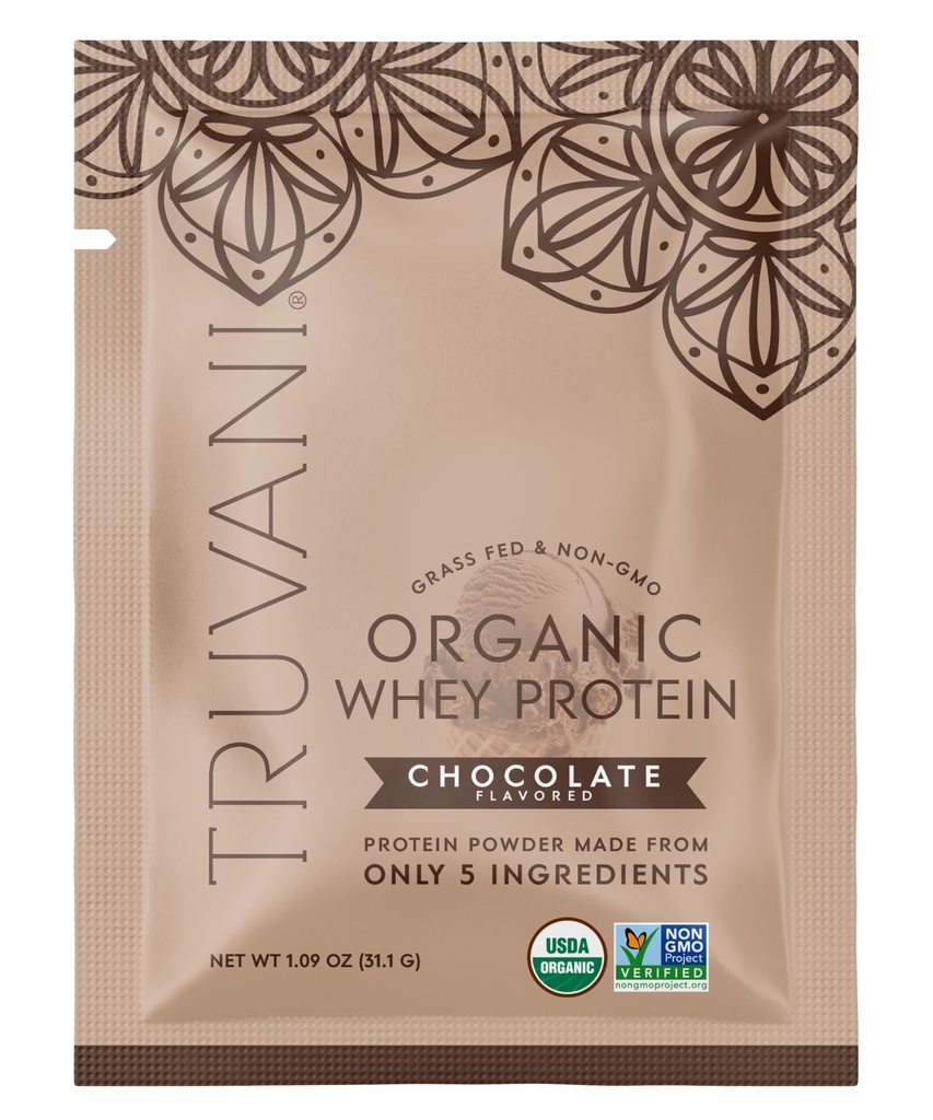 Truvani Organic Whey Protein Powder | Chocolate | 20g Grass Fed Whey Protein | 1 Serving | USDA Organic & Non-GMO | Gluten Free | No Gums, No Soy, No Stevia, No Added Sugars