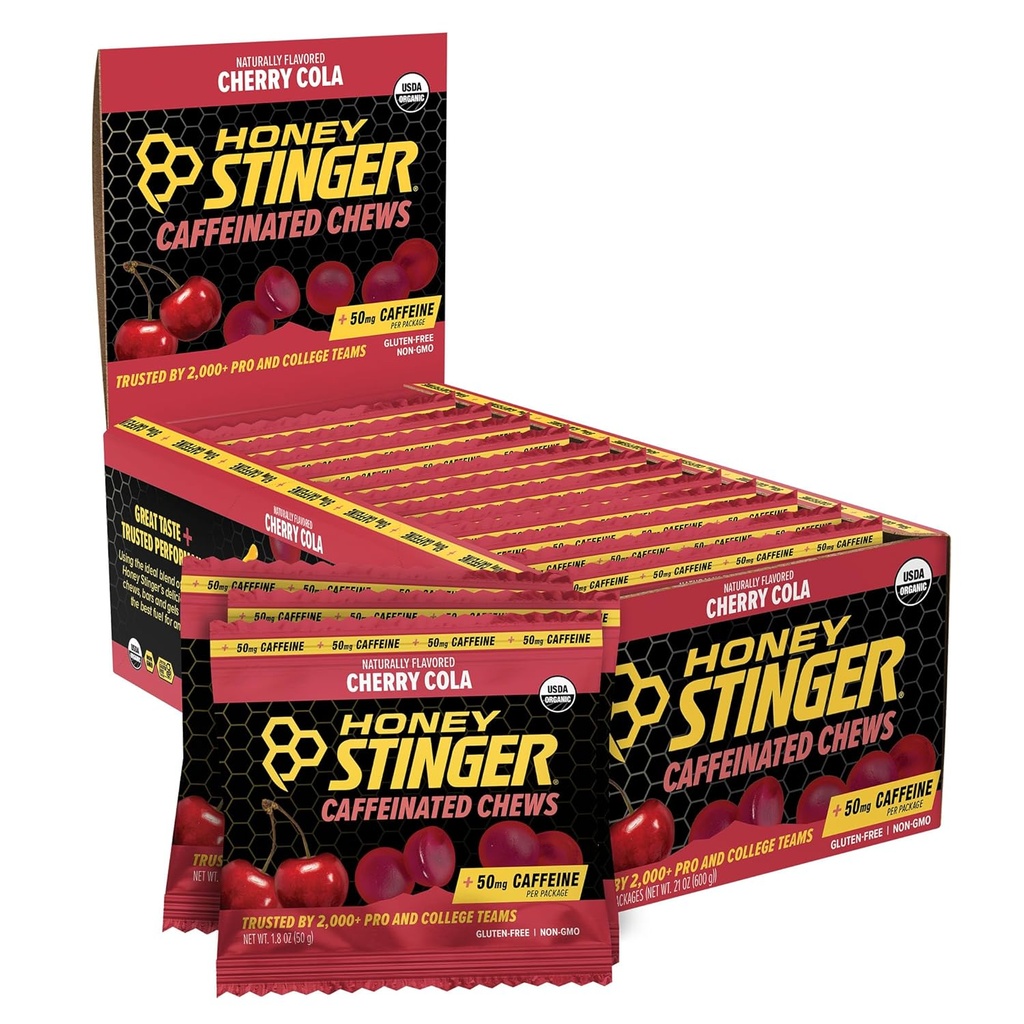 Honey Stinger Cherry Cola Caffeinated Energy Chew, Glutenvrij, met cafeïne, voor oefeningen, hardlopen en prestaties, Sportvoeding voor thuis & Gym, Pre en Mid workout, 12 Pack, 23,2 Ounce