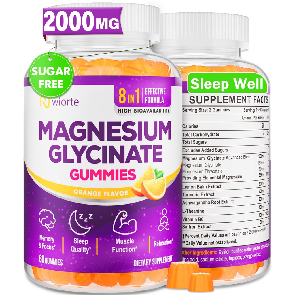 Magnesium Glycinate Gummies Supplement for Adults Women, Magnesium Gummies with L-Threonate, Ashwagandha, Vitamin B6- Sleep, Relaxation, Calm, Energy, Vegan, Sugar Free, 60 Count