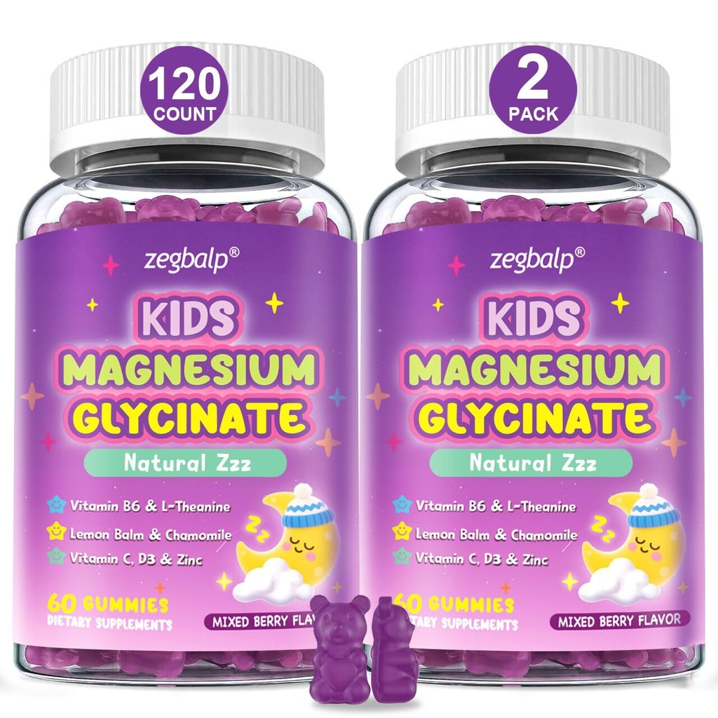 Magnesium Glycinate Gummies For kids - Sugar Free Magnesium Bisglycinate Supplement 200mg with L-theanine, Chamomile, Calcium, B6, D3 & Zinc - for Natural Zzz & Overall Health - Melatonin Free, 2 Pack