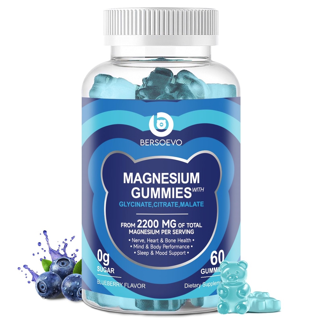 Magnesium Glycinate Gummies 2200mg, High Absorption Magnesium Glycinate, Citrate, Malate Gummies for Adults and Kids, Sugar Free, Vegan for Sleep Support, Blueberry, 60 Count