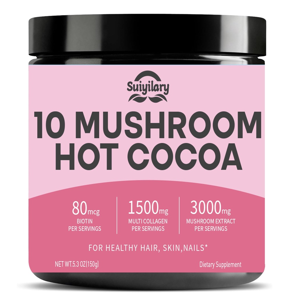 Suiyilary 10 Mushroom Hot Cocoa, 1500mg Collagen, 80mcg Biotin, Sugar Free Keto Cocoa Powder, for Healthy Hair, Skin and Nails, 15 Servings
