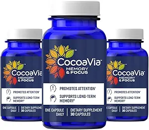 Cocoavia Geheugen & Focus Hersenen Supplement, 90 Dag, Cocoa Flavanol Blend, Lutein, Toegevoegd Cafeïne voor Boost. Verbeter Cognitieve functie, aandacht, Vegan & Plant Based, 90 Capsules