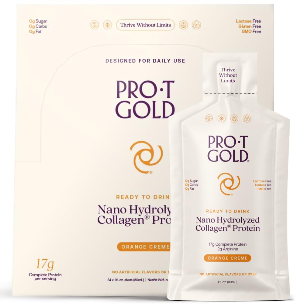 ProT Gold Liquid Collageen Proteine Shot, 17g Clear Protein Nano-Hydrolyzed Grass Fed Collageen, 2g Arginine voor wond ondersteuning, Glutenvrij, Suikervrij, 0g Carbs, Orange Creme, 1 fl oz, 24 Pack
