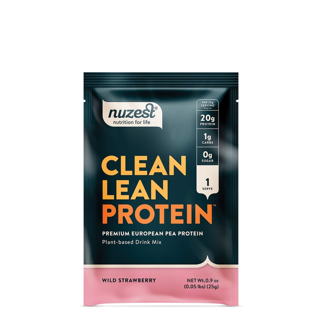 Nuzest - Pea Protein Powder - Clean Lean Protein, Premium Vegan Plant Based Protein Powder, Dairy Free, Gluten Free, GGO Free, Naturally Swetened Protein Shake, Wild Strawberry, 1 Serving, 0,9 oz