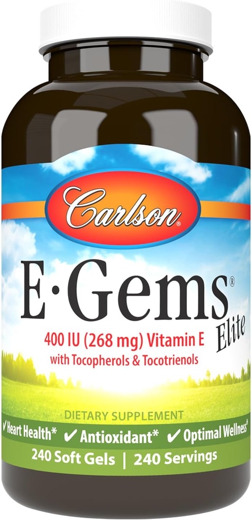 Carlson - E-Gems Elite, 400 IE Vitamine E met Tocoferolen & Tocotrienolen, Vitamine E Capsules, Hartgezondheid & Optimale Wellness, Antioxidant, Vitamine E Supplement, 240 Softgels