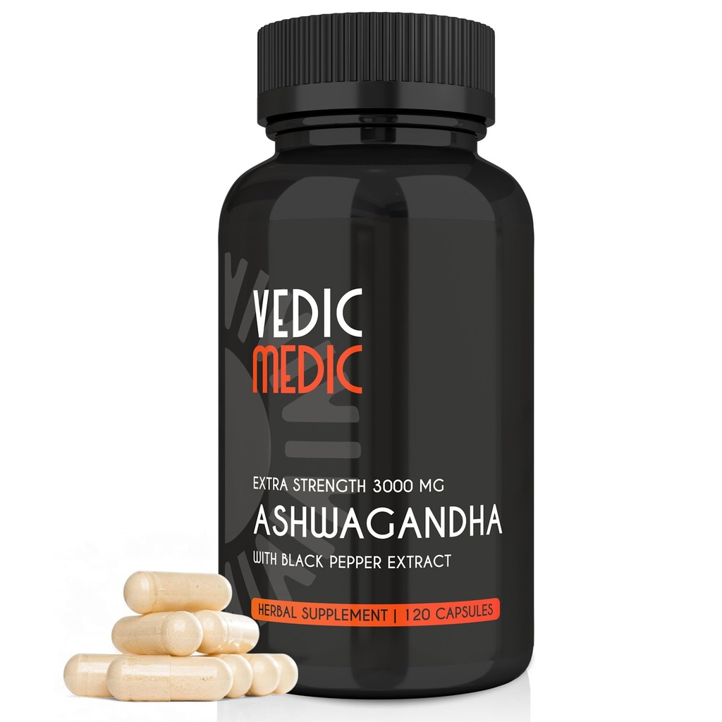Biologische Ashwagandha Capsules Extra sterkte 3000mg met zwarte peper Extract - Stress Relief, Goed Verbeteraar, Energie Ondersteuning - Non-GMO, Veganist, Glutenvrij (120)