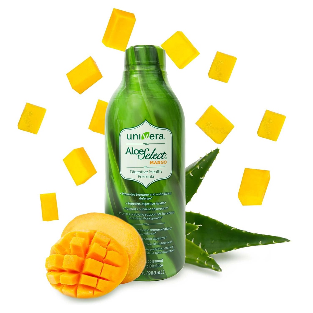 Univera Aloë Vera Juice, Preminum Biologische Aloë Vera, Digestieve Enzymen voor Gut Health, Immune Support, Prebiotic Supplement, Vermindert ontsteking, Mango smaak, 30 dagen levering (33 fl oz)