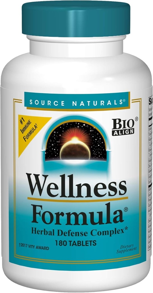 Bron Naturals Wellness Formula Bio-uitgelijnd, Echinacea Free Vitamines & Herbal Defense - Immuun Systeem Ondersteuning Supplement & Immunity Booster - 180 Tellen