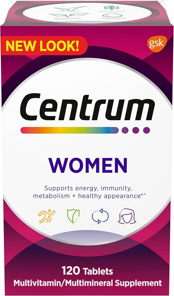 Centrum Multivitamine voor vrouwen, Multivitamine/Multimineral Supplement met ijzer, vitamine D3, B Vitaminen en Antioxidant Vitaminen C en E, Glutenvrij, Non-GMO Ingrediënten - 120 Tel.