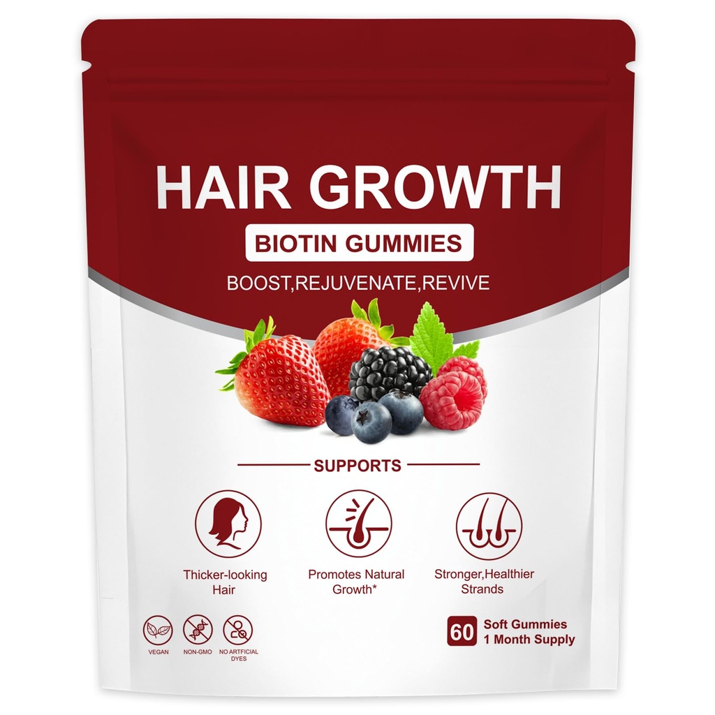 Hair Growth Vitamins Gummies | with Biotin, Vitamin C & E, Botanical Extracts | Supports Healthy Hair Growth & Strength, Skin & Nail Care | Mixed Berry Flavor | Non-GMO