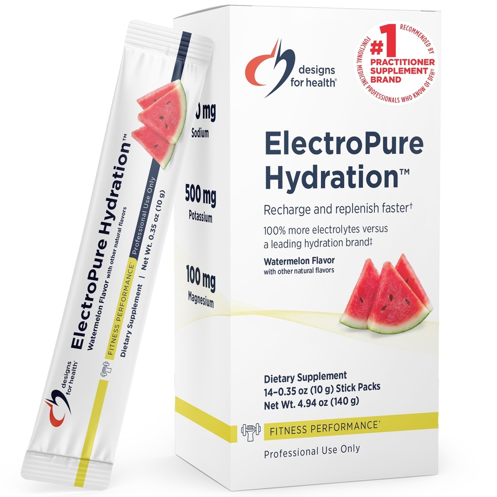 Designs for Health ElectroPure Hydration Packets, Watermelon Flavor - Electrolytes Powder with Vitamin C, Magnesium, Zinc, and Potassium - with Stevia and Monk Fruit Sweetener (14 Stick Packets)