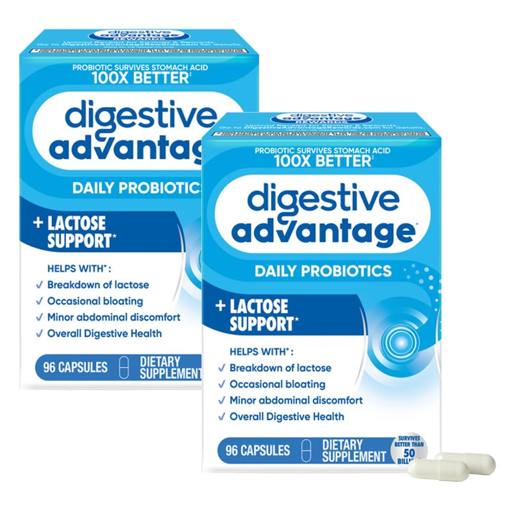 Avantage digestif Enzymes de défense contre la lactose + Probiotiques pour les femmes et les hommes Bloatation occasionnelle, rupture de la lactose, troubles abdominaux mineurs, soutien immunitaire, 96 capsules de comptage (2 pack)