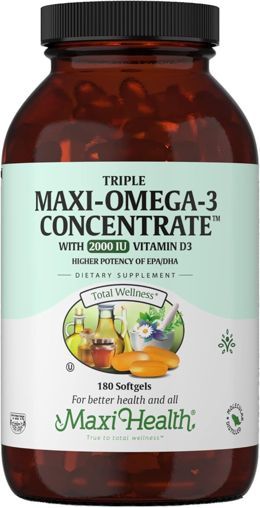 Omega 3 Supplement - Omega-3 Visolie Triple Concentraat met Vitamine D3 - Krachtige bron van EPA/DHA vetzuren - Hart, hersenen, Joint Health - Kosher Certified Wild Caught Marine Fish - 180 Softgels