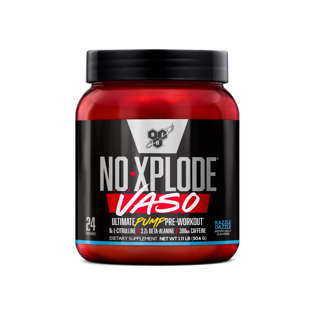 BSN N.O.-XPLODE Vaso Pre Workout Powder with 8g of L-Citrulline and 3.2g Beta-Alanine and Energy, Flavor: Razzle Dazzle, 24 Servings