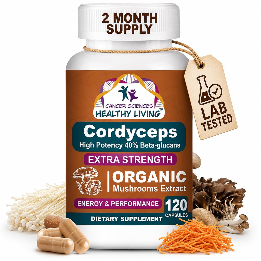 Cancer Sciences Cordyceps Mushroom Supplement Capsules - 1.500mg Organic Mushroom Complex for Wellness, High Potency 40% Beta-Glucans, Immune Support Supplement for Energy & Stamina Booster, 120 Count