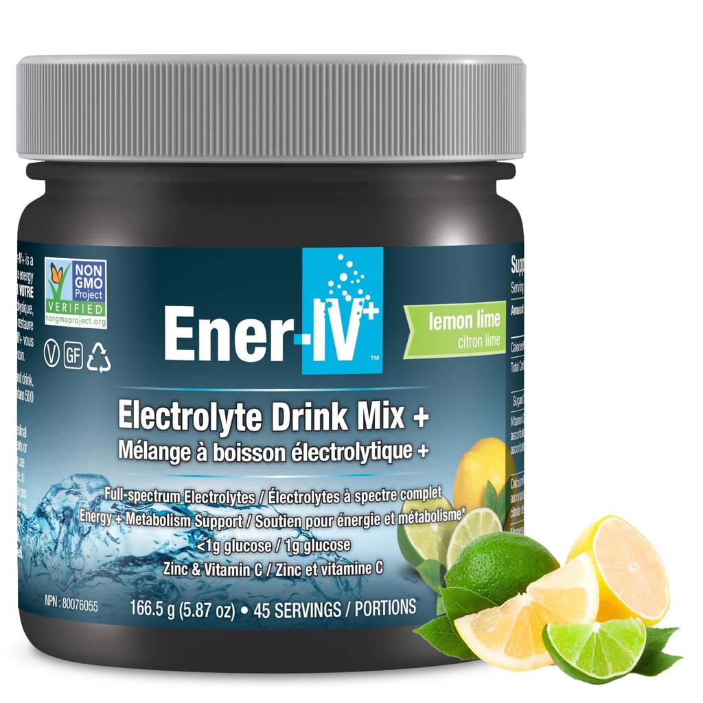 Ener-IV Electrolyte Drink Mix - Electrolytes Powder, Hydration Powder Drink, Hydrate Liquid Mix, Low Sugar Rehydration for Women & Men, Natural Flavors, Non GMO - Lemon Lime, 45 Servings