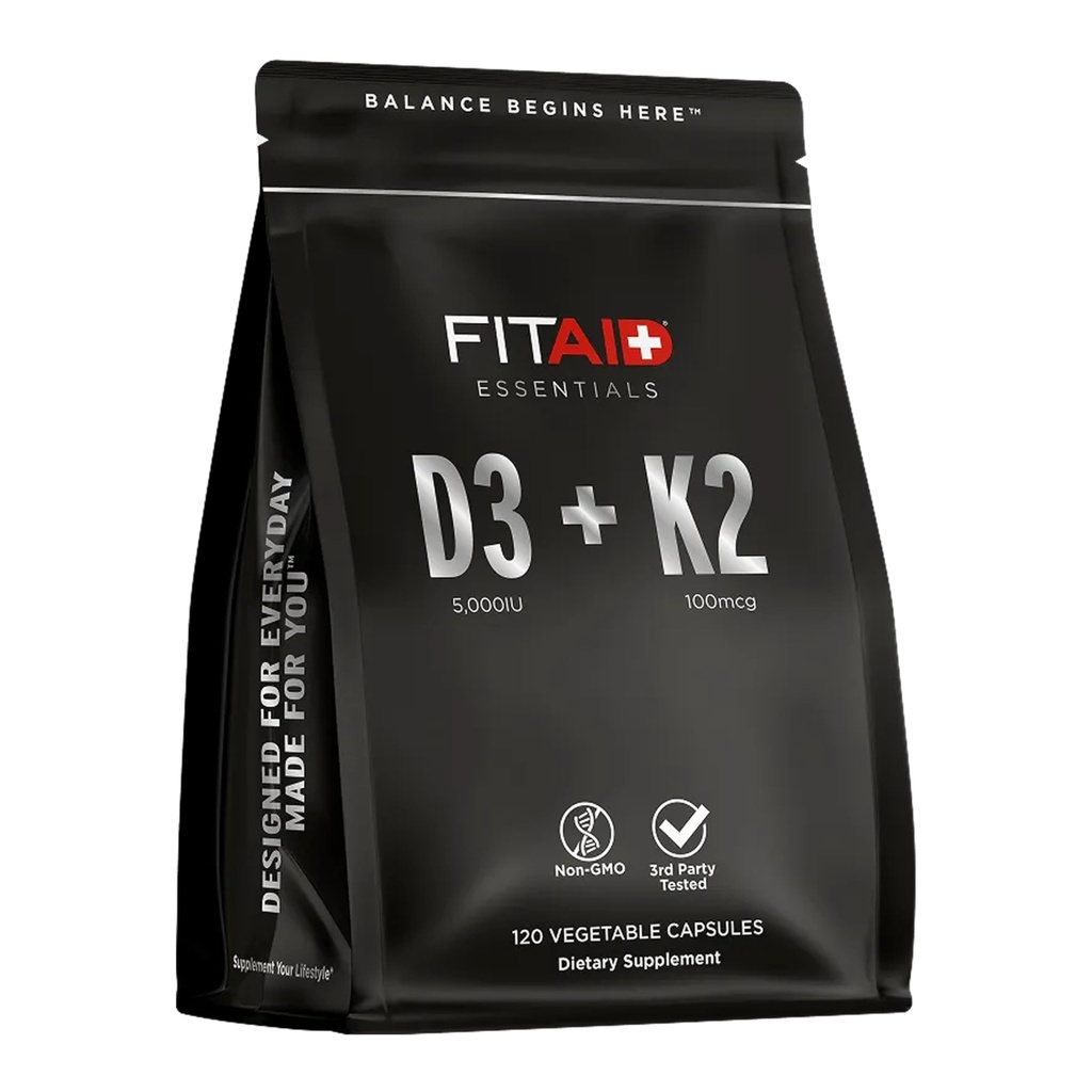 FITAID Essentials Vitamin D3 K2 5000 IU Supplement, 125mcg D3 + 100mcg K2 MK7, High Absorption VIT D3 and K2 Supplements for Athletes, Bone Health & Immune Support, 120 Veg Caps, 4 Month Supply