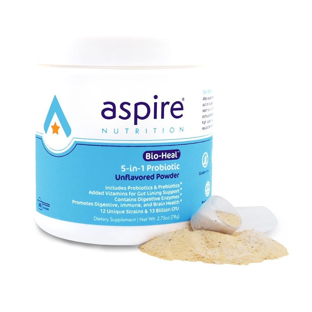 Aspire Nutrition 5-in-1 Bio-Heal® Probiotic for Kids, Men & Women - Best Supplement for Brain Function, Gut Health & Constipatie - Plank Stable & Fortified with Vitamine, Mineral & Prebiotics - Powder
