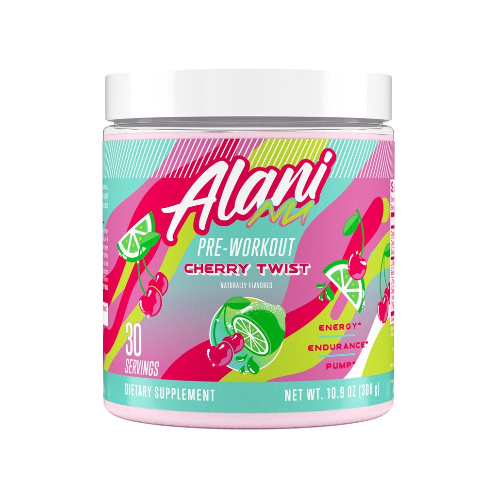 Alani Nu pré-entraînement poudre Twist Cherry, Amino Energy Boost, supplément d'endurance, sans sucre, 200mg caféine, L-Theanine, Beta-Alanine, L-Citrulline, 30 portions
