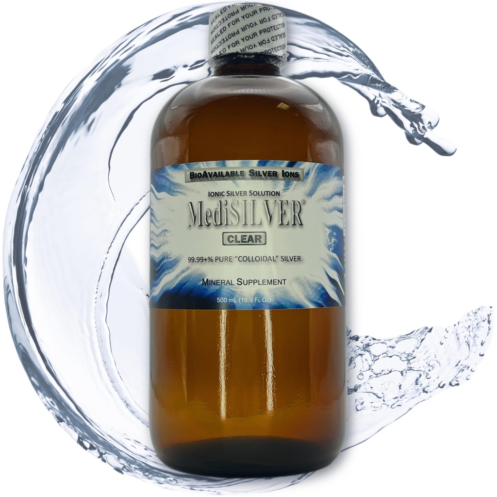 MediSILVER Clear True Free Ionic Colloidal Silver Dietary Supplement - 500 mL (16.9 Fl Oz) in Amber Glass Bottle