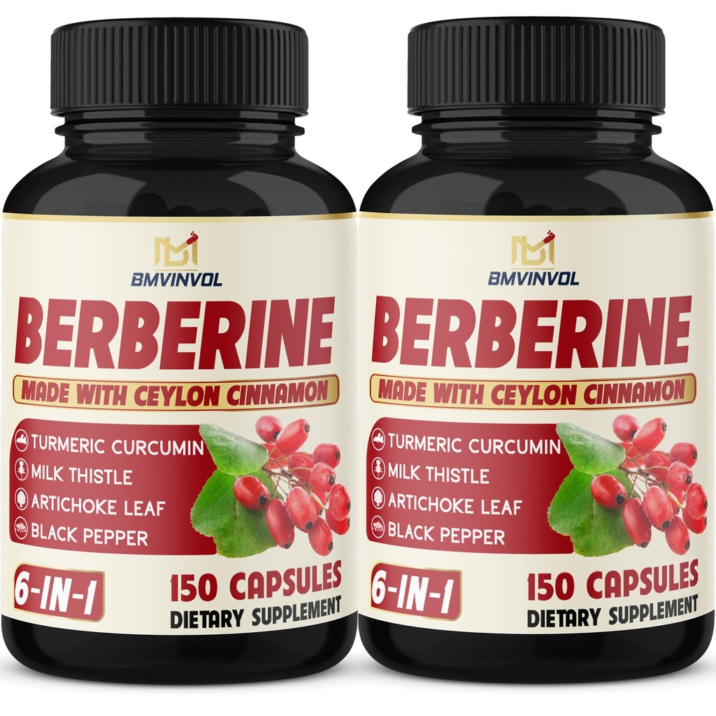 2 Pack Berberine HCl- Plus Ceylon Cinnamon, Kurkuma, Milk Thistle, Artichoke, Black Pepper, Berberine HCI Root Supplements Pillen - Immune System