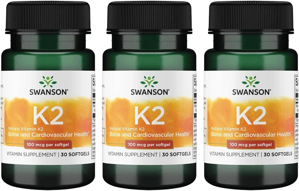 Swanson Vitamine K2 (Menachinon-7) - Vitaminesupplement ter ondersteuning van cardiovasculaire en botgezondheid - Gemaakt van Japanse Natto om calcium te reguleren - (30 Softgels, 100 mcg Elk) (3 Pack)