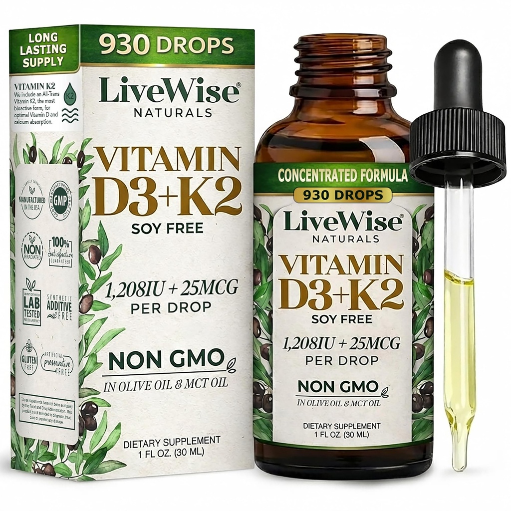 Vitamine D3 avec gouttes liquides K2, toutes naturelles, non-OGM, 1208iu D3 et 25mcg K2 (mk7) par service, supportez vos os, système immunitaire et niveaux d'énergie, avec ou sans huile de menthe poivrée