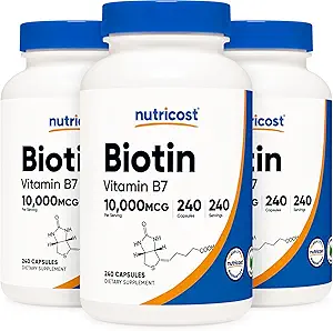 Nutricost Biotine (Vitamine B7) 10.000 mcg, 240 capsules (3 flessen) - Non-GMO, Glutenvrij